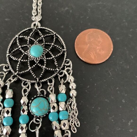 Men’s Turquoise & Feather Dreamcatcher Long Pendant Necklace with Silver Tassels - Picture 8 of 11